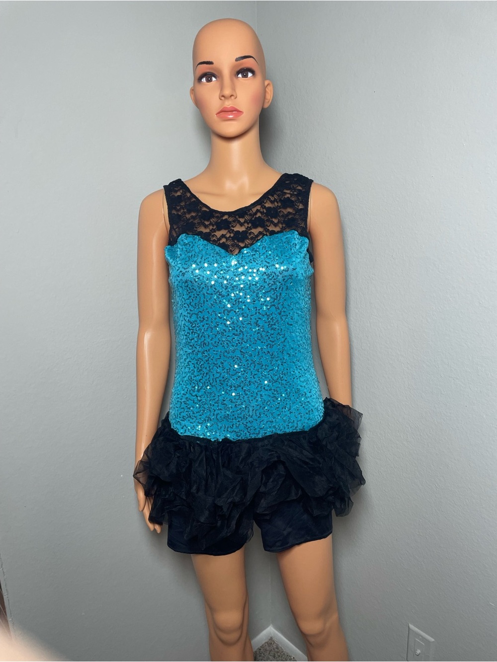 Sequin & Lace Turquoise Romper with Black Ruffle Skirt